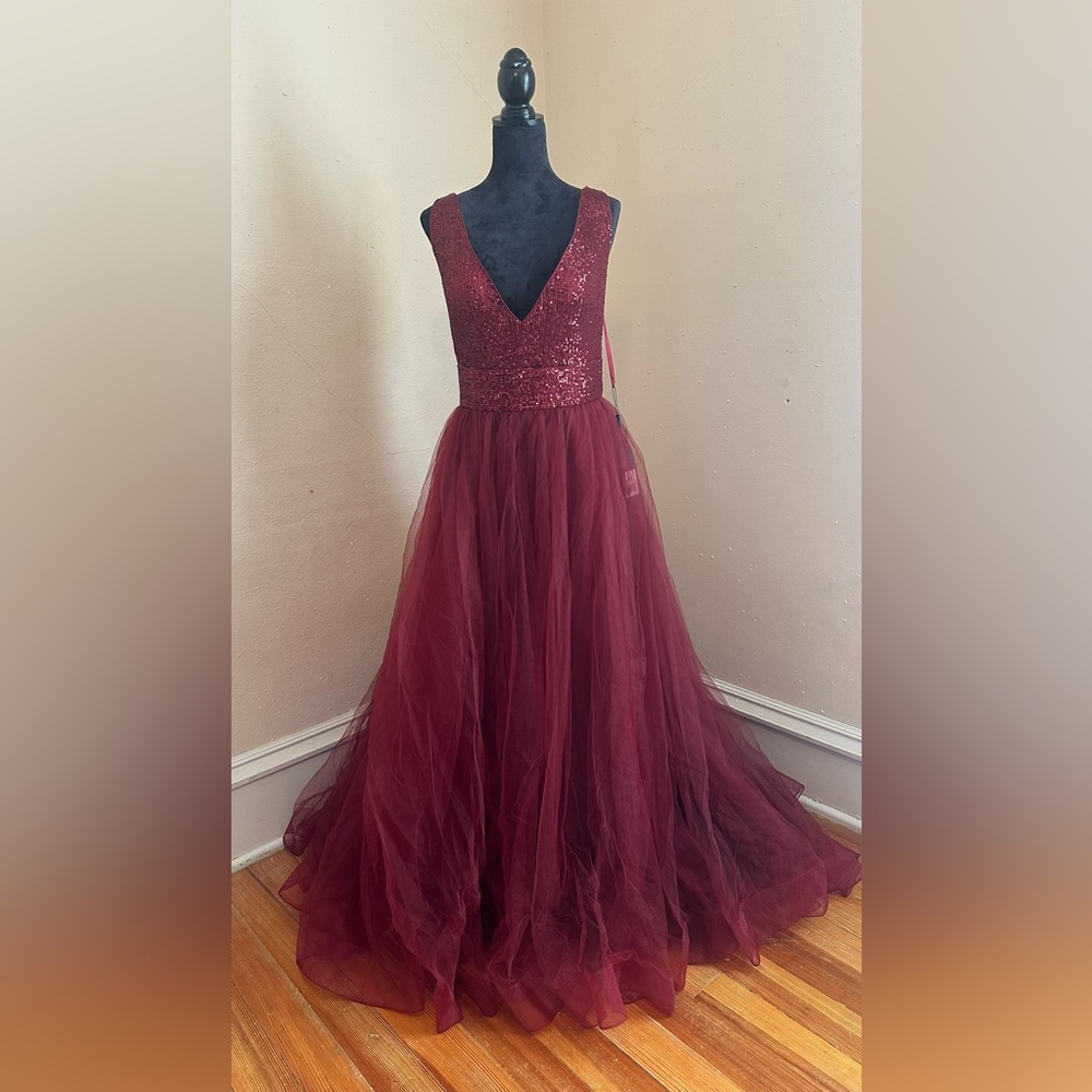 La Femme Burgundy Sequin Bodice Tulle Prom Gown